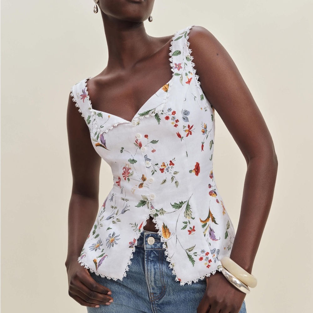 Reformation White Floral Lace-Trim Button-Front Camisole Top